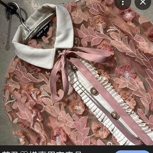 Sister Jane Pink Embroidered Floral Bow Blouse with White Collar